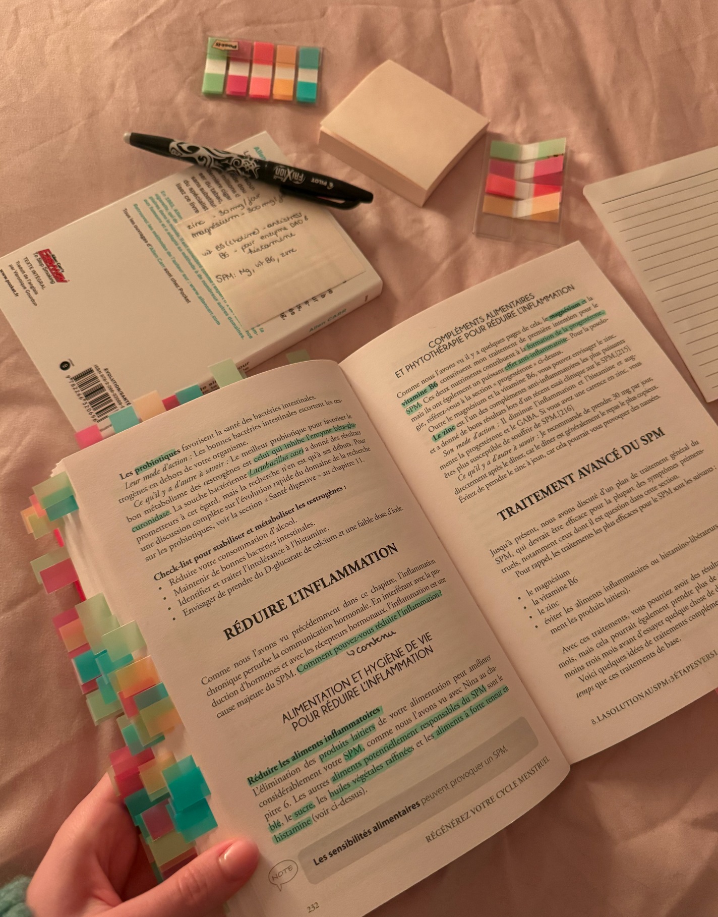 Livre sur le SPM annoté, entouré de notes et d'onglets de couleur