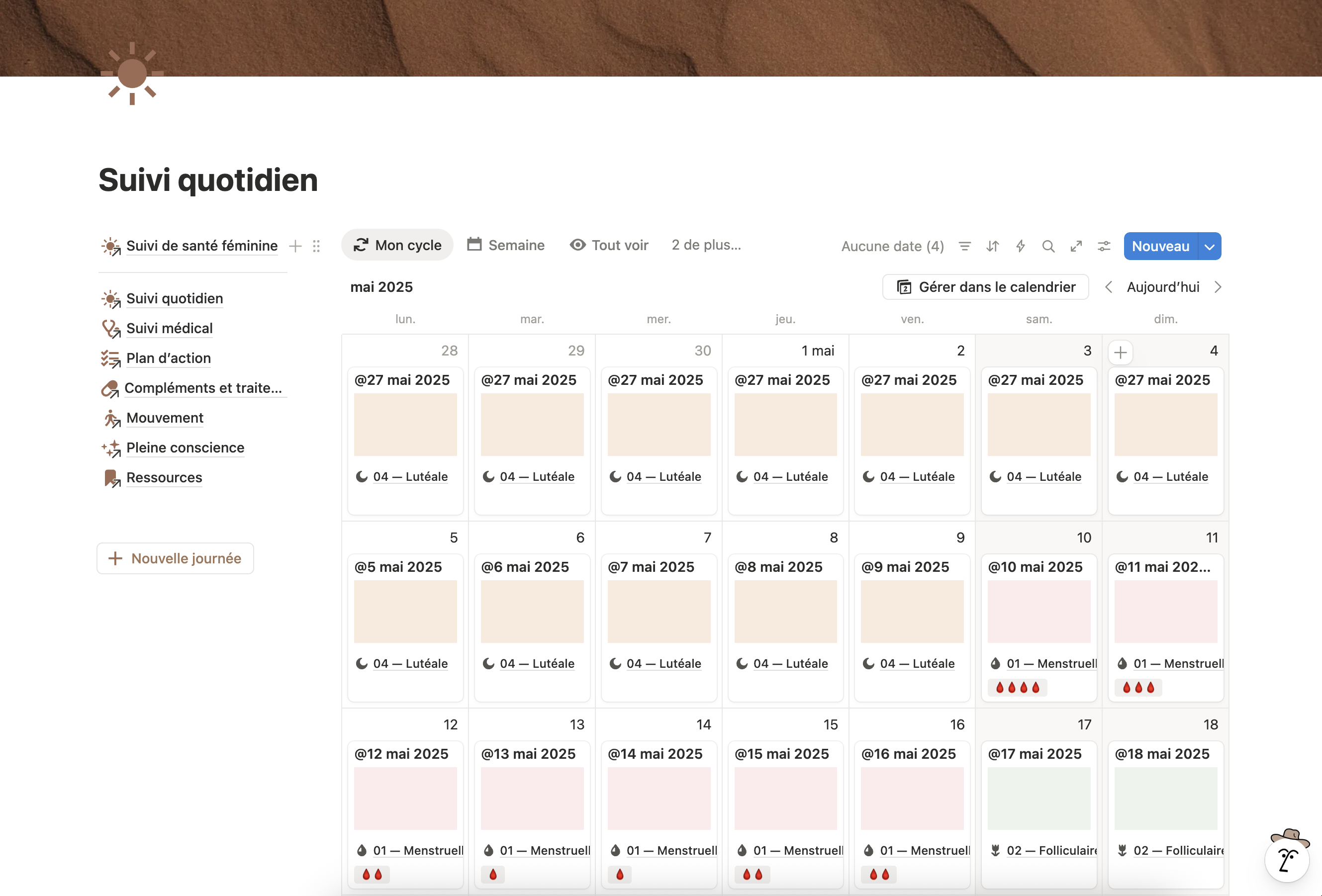Vue calendrier « Mon cycle » du template : chaque jour coloré selon la phase du cycle