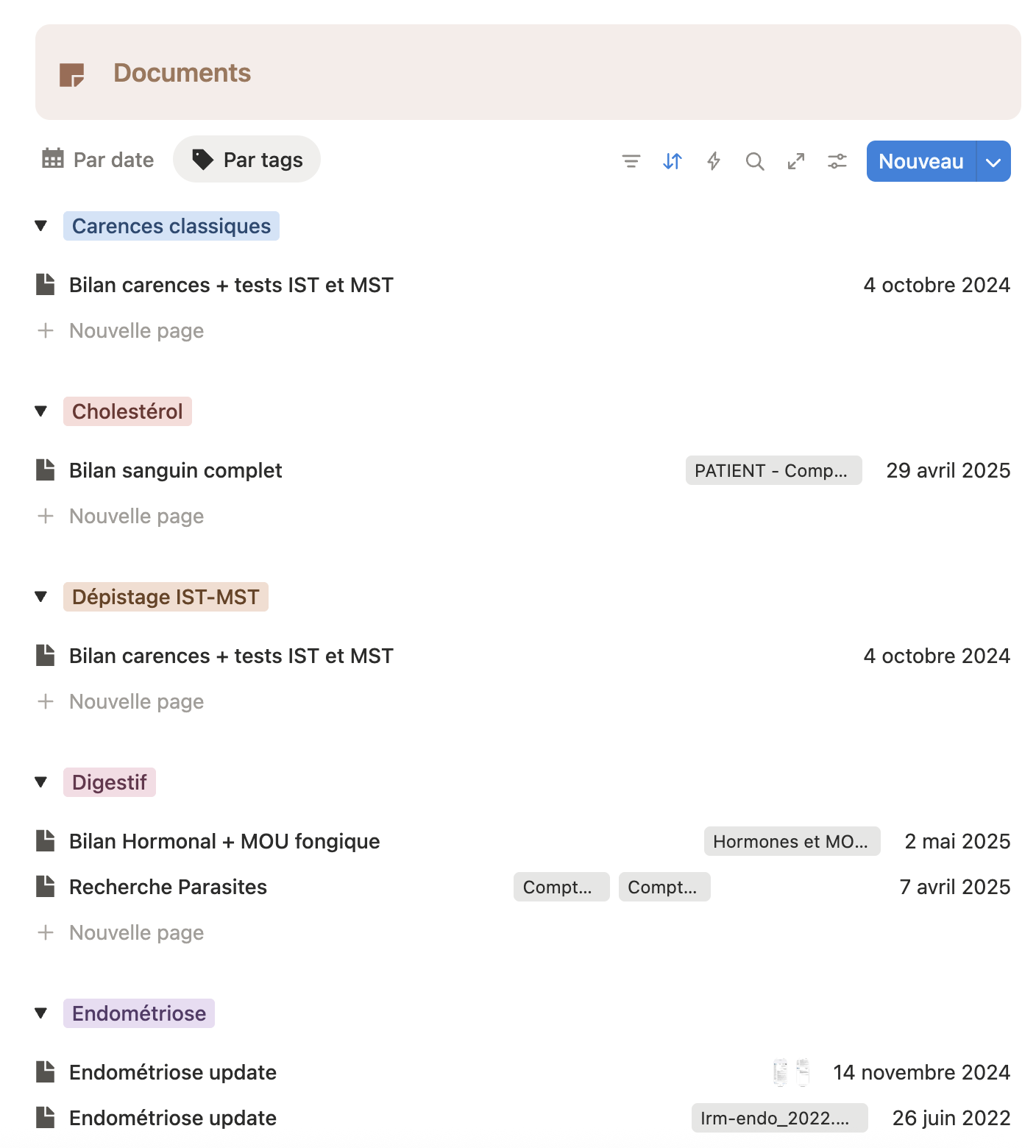 Bibliothèque de documents médicaux du template, classés par tags (carences, cholestérol, digestif…)