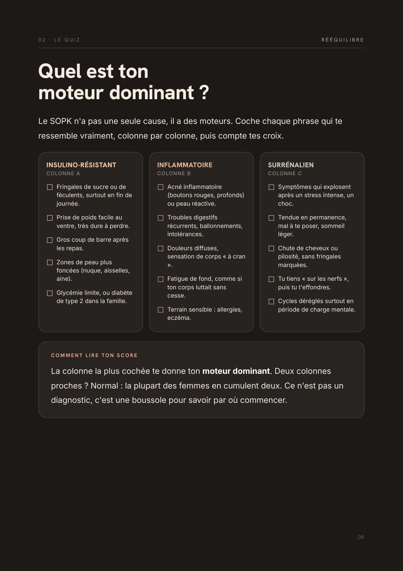 Page du guide : le quiz pour trouver ton moteur dominant, en trois colonnes à cocher.